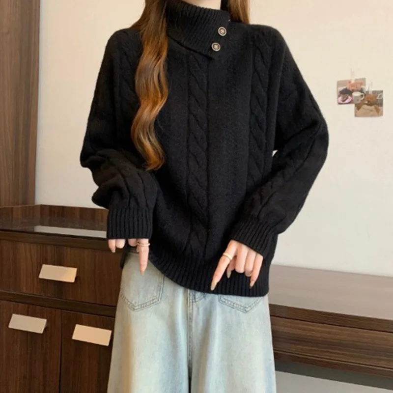 Mädchen Koreanische Grau High Neck Pullover Gestrickte Pullover Strickjacke frauen Einfarbig Einfachen Stil Verdicken Vintage Herbst Winter