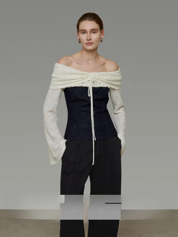 

Модный повседневный женский свитер с одним открытым плечом, вязаный, с длинным рукавом, в стиле Color-Block, эксклюзивный дизайн