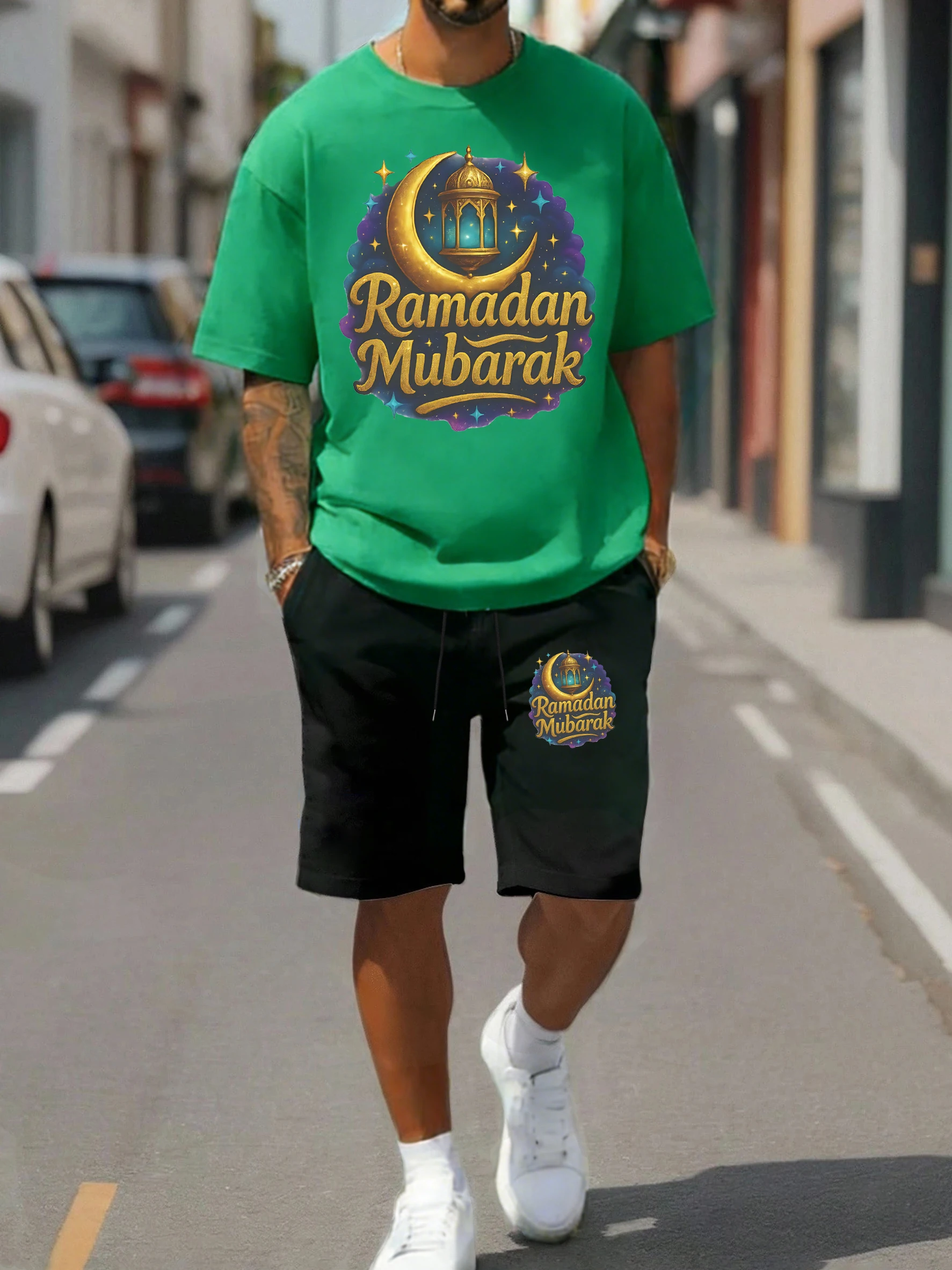 

Ramadan Mubarak Moon Design T Shirt Suit Men Summer Cotton Clothing Fashion Drawstring Shorts Vintage Loose Unisex Tee Set