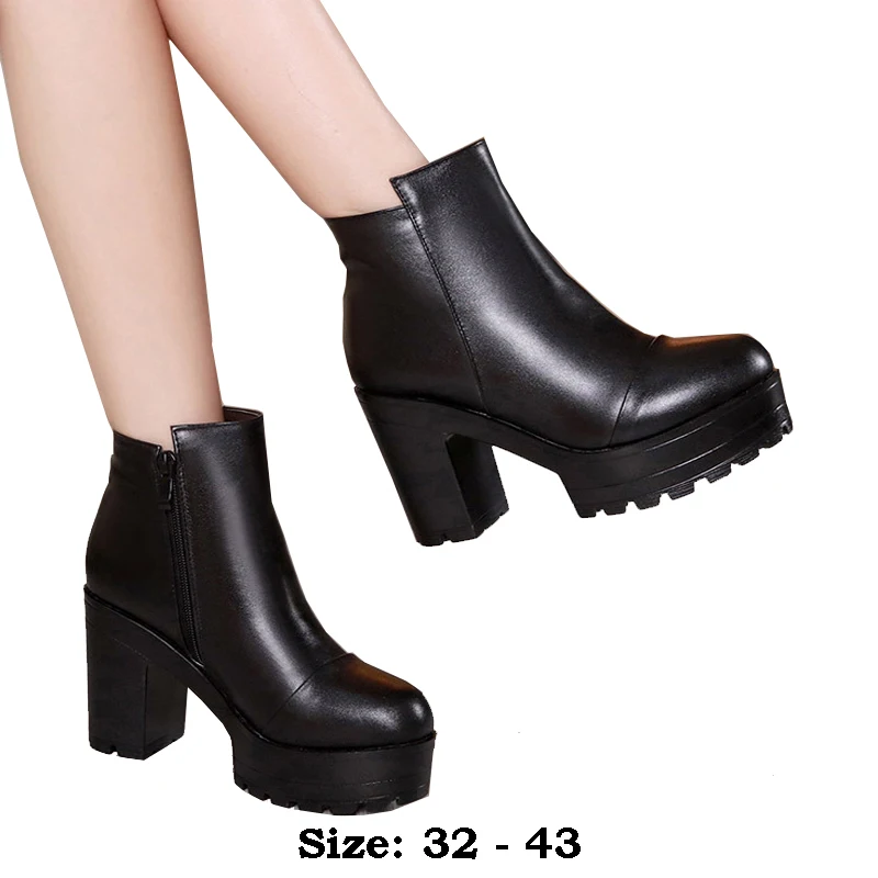 High quality short ankle leather boots for women 10cm high heel platform new 2024 autumn winter 32 33 42 43 elegant shoe black