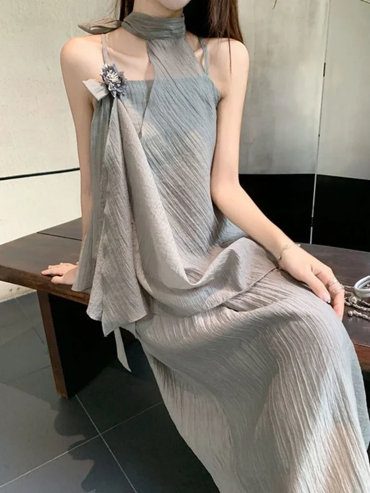 

Long Female Outfits Maxi Full Korean Style Top and Bottom Festival Elegant Casual Formal Occasion Women's Two Dress Piece Set