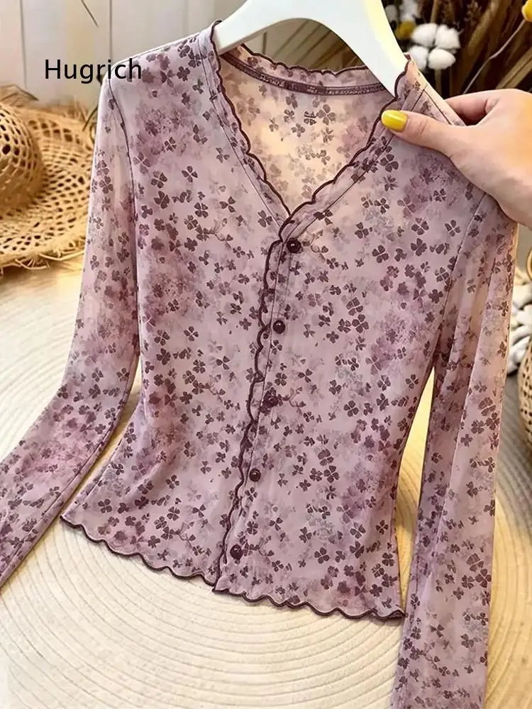 Women Floral Print Long Sleeve Shirt V Neck Scalloped Trim Button Front Slim Fit Casual Lightweight Mesh Blouse