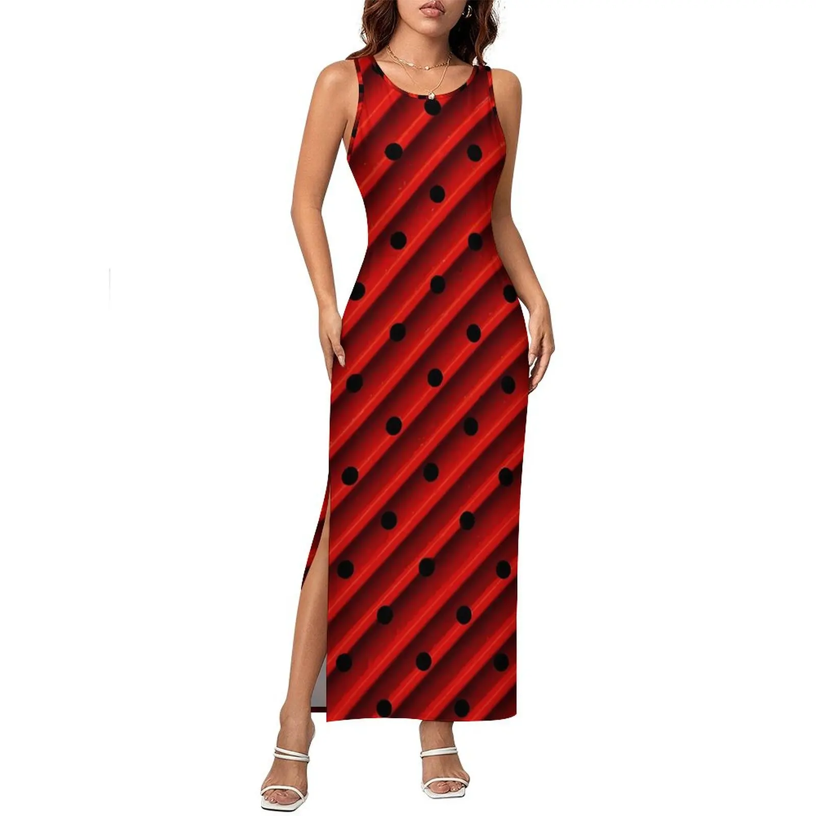 

Striped Polka Dot Dress Sleeveless Red And Black Streetwear Maxi Dresses Elegant Bodycon Dress Ladies Graphic Big Size Vestidos