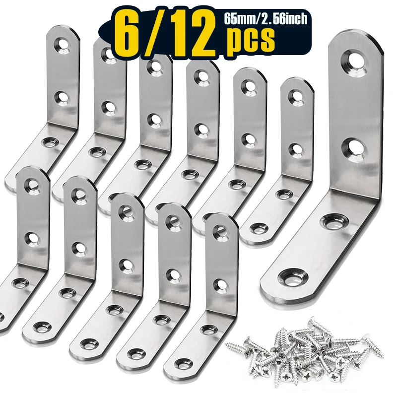 6/12 Pcs L Bracket Corner Brace, 65x65mm(2.56x2.56inch) Joint Right Angle Brackets Heavy Duty Stainless Steel 90 Degree Bracket