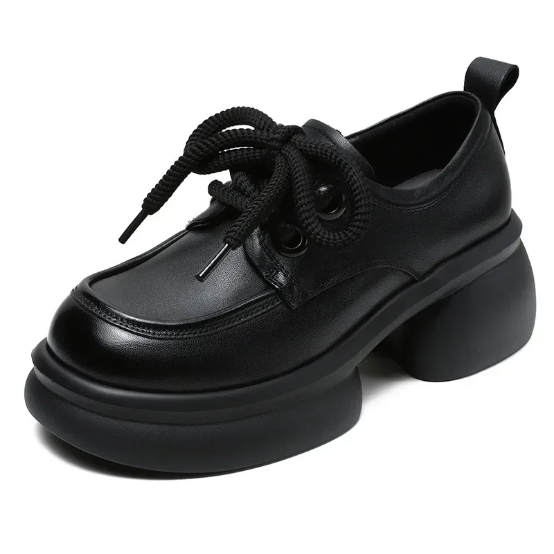 

6CM Luxury Design Chunky Platform Pumps Women Thick High Heel Genuine Cow Leather Handmade Retro Lace-Up Casual Women Shoes