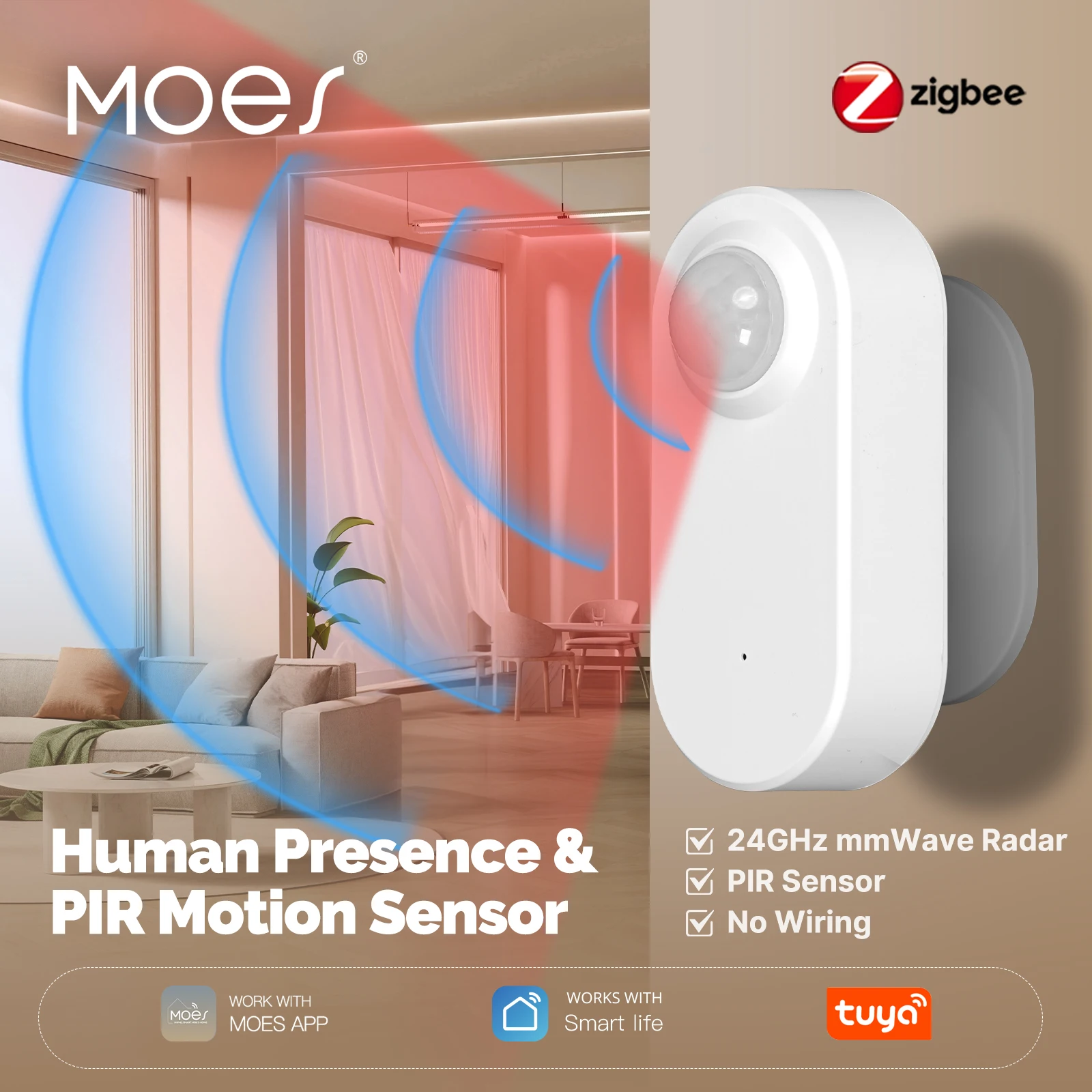 

MOES Tuya ZigBee Smart Radar 24GHz mmWave Wireless Human Presence PIR Sensor App Remote Monitoring Motion&Motionless Detection