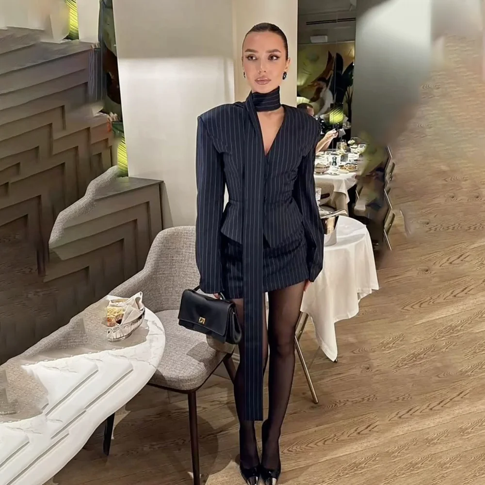 

Blue Stripe Suit For Women 2 Pieces Jacket Skirt Chic Outfits Luxury Boutique Prom Party Blazer Set Trajes De Mujer Elegante
