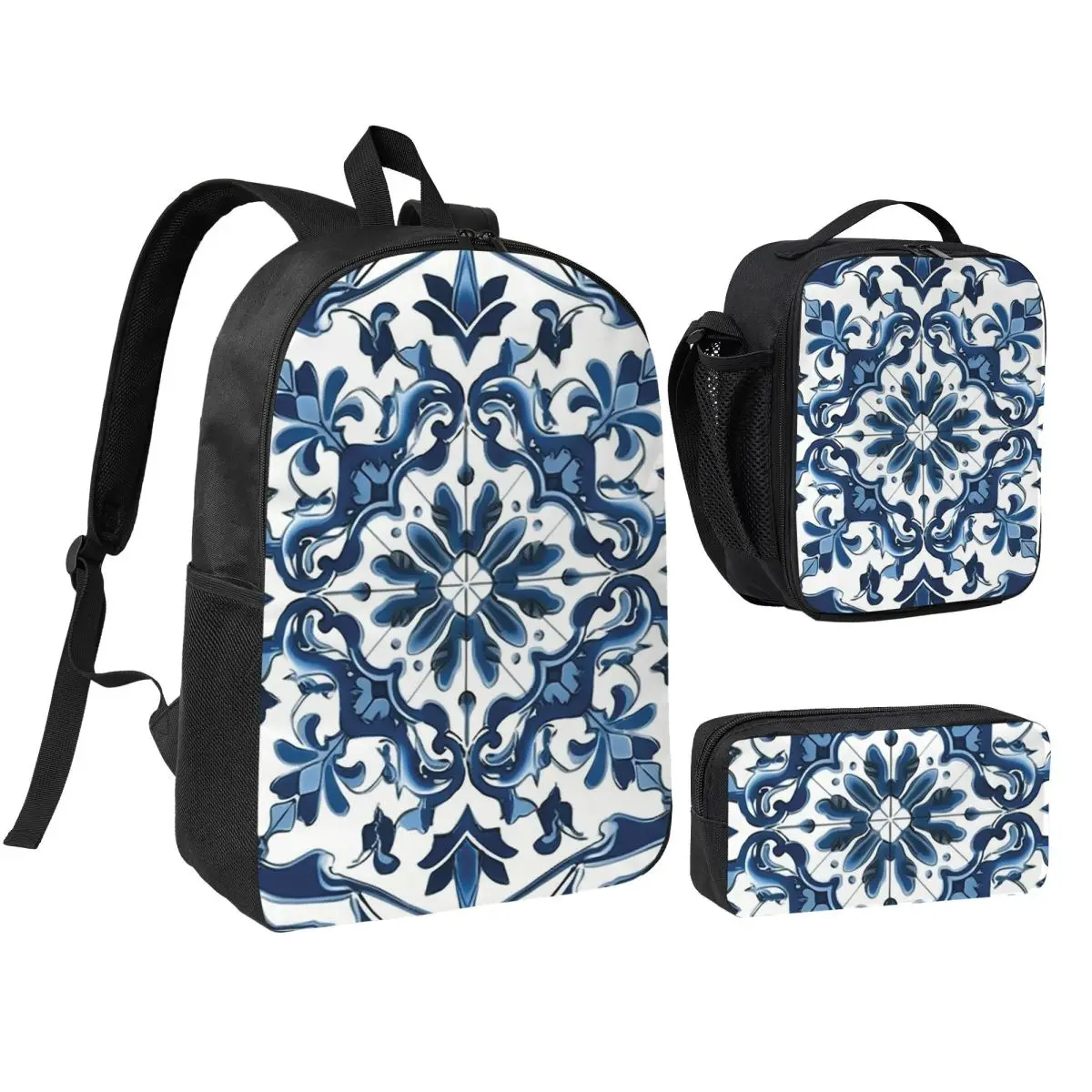 

Blue And White Majolica Pattern Backpack Student BookBag School Bag Laptop Shoulder Bags 3ps Insulated Lunch Bag Pencil Case
