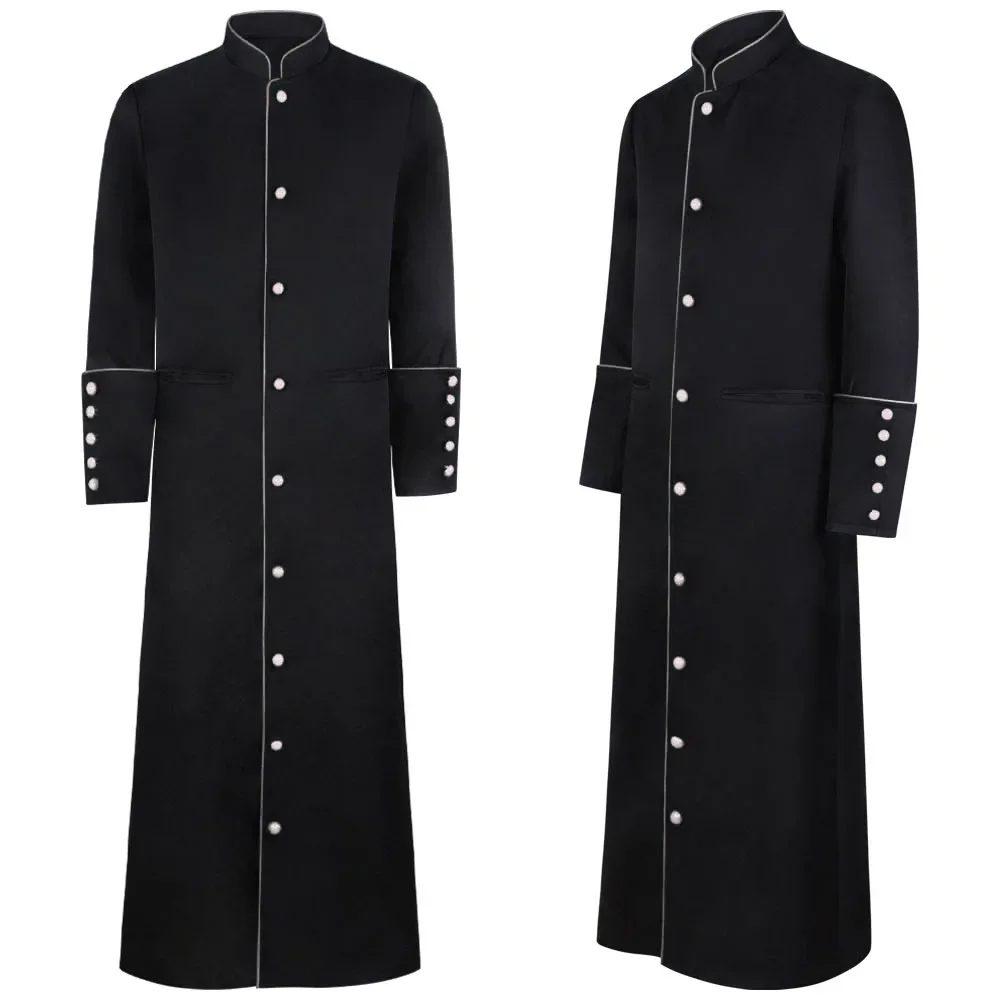 Church Priest Trench Jacket Cassock Clergy Robe Preacher Men Liturgical Stand Collar Single Breasted Minister Choir