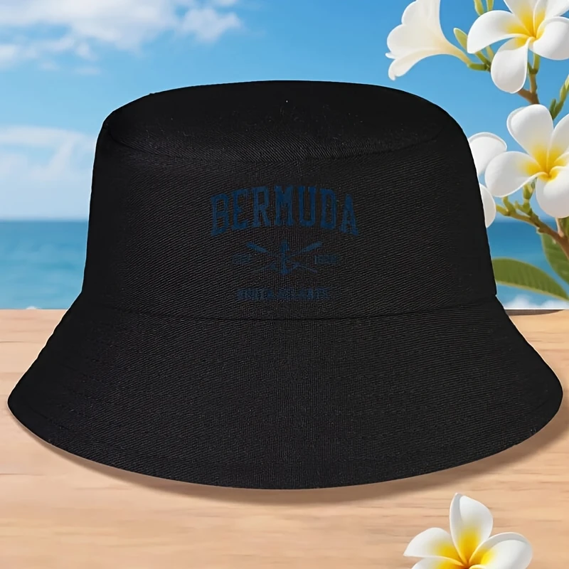 Sombrero de Pescador Estilo Vintage con Remos Cruzados y Ancla de Barco, Color Azul Marino - Unisex, Casual, para Verano, con Bordado de "Bermuda", Negro, Talla M