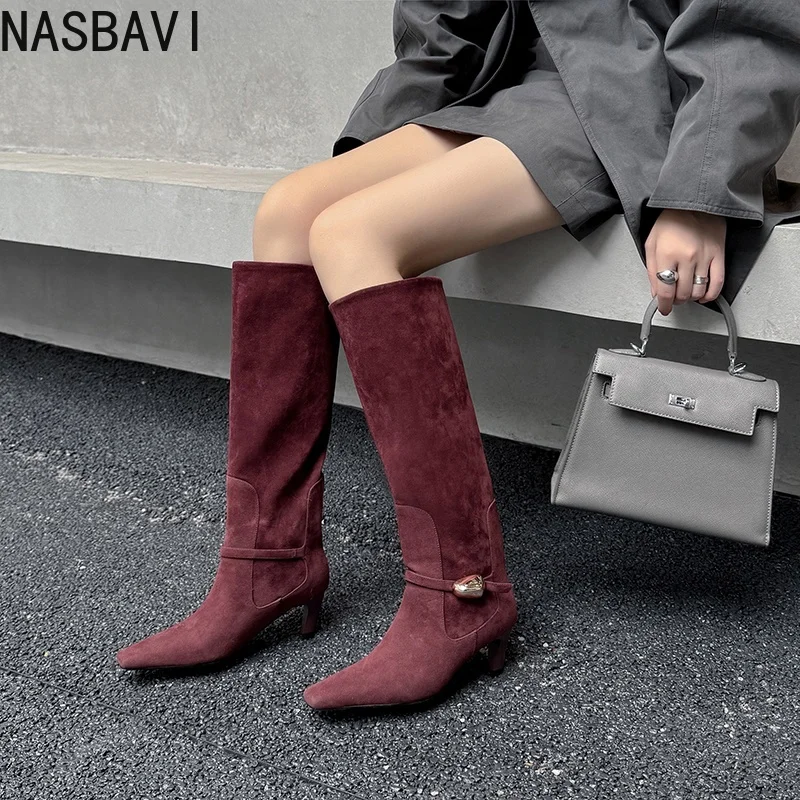 NASBAVI 2026 موضة النساء حذاء برقبة للركبة فو الجلد المدبوغ عالية الكعب الشتاء أحذية امرأة أشار تو أحذية طويلة فستان سيدة حجم 34-40 #1