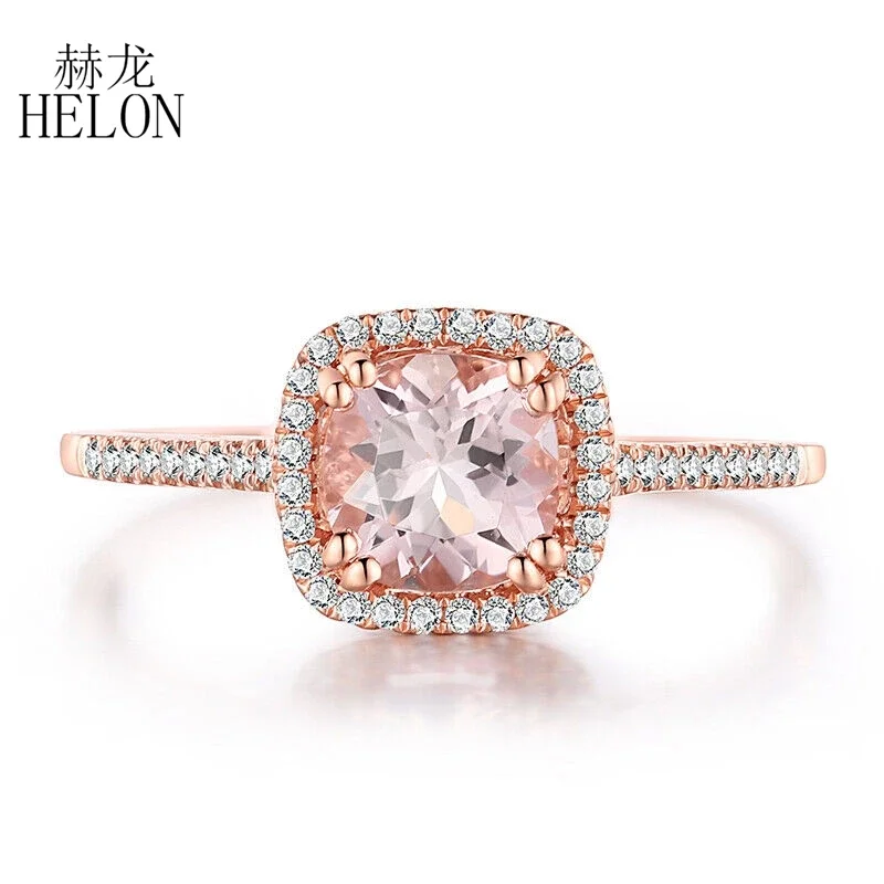 HELON Cushion Cut 6mm Natural Morganite Ring Solid 14K Rose Gold Diamonds Engagement Ring For Women Unique Fine Jewelry Gift