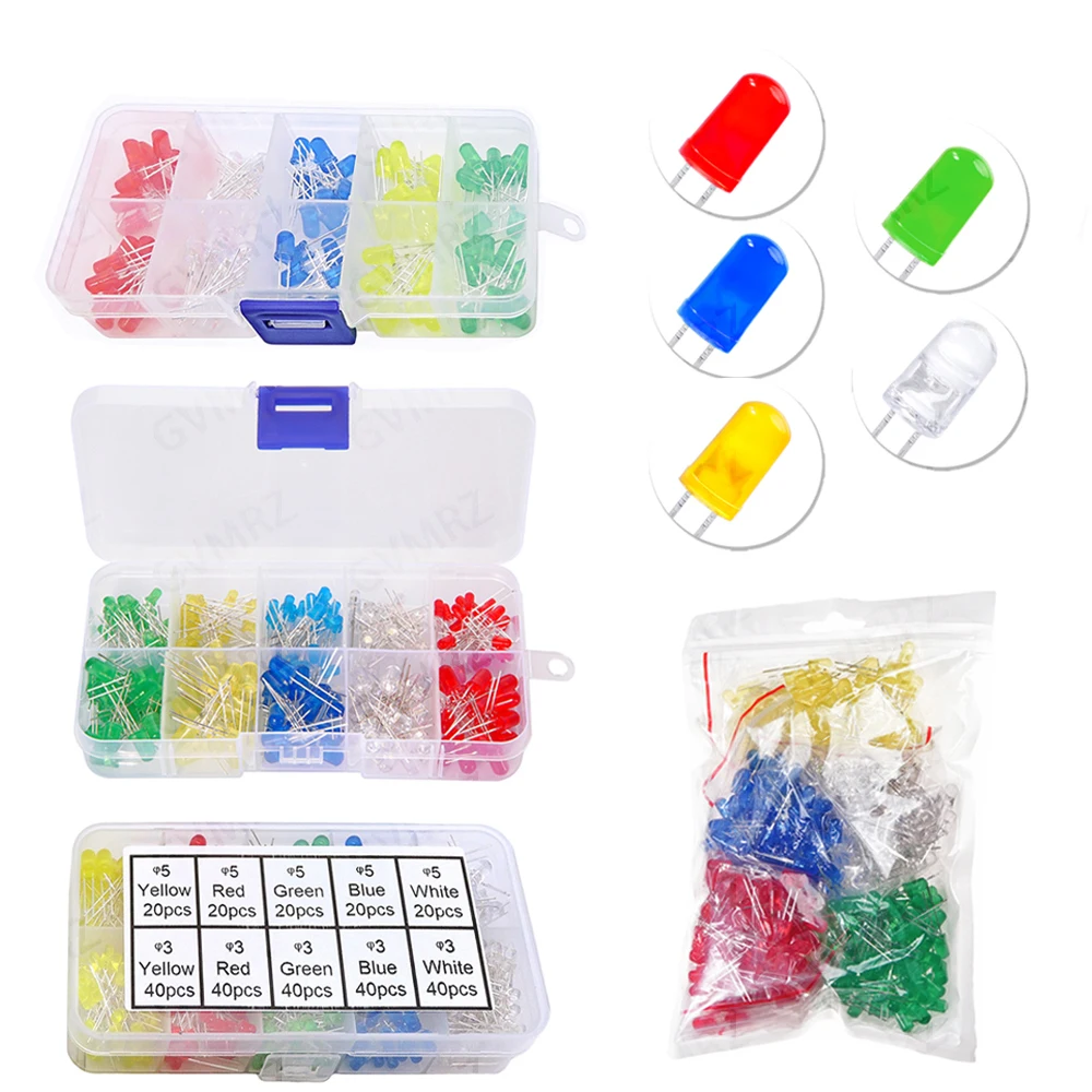 3MM 5MM Light Emitting Diodes Electronics Kit F3 F5 LED Diode Assorted Kit White Green Red Blue Yellow Orange Luminous LED Red