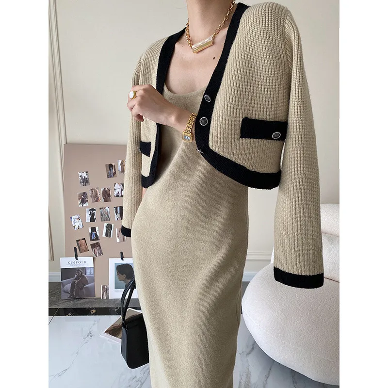 

2 PCS Knitted Cardigan Dress Fashion Autumn Winter Warm Women Clothing Ladies Casual Wear Female Long Knit Sweater Dress