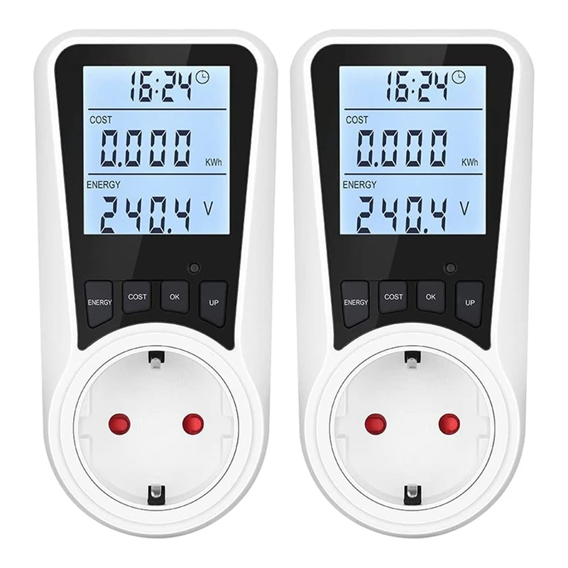 2 Pcs Energy Meters For Socket Electrical Devices With Backlight,LCD Display EU Plug