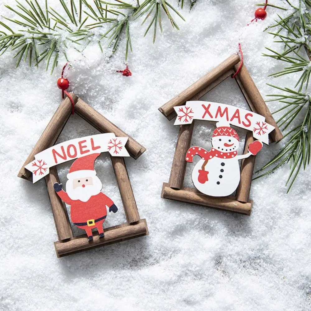 Hangging Christmas Wooden Pendant Log Cabin Photographic Props Xmas Ornament Snowman Santa Claus Christmas Tree Decorations