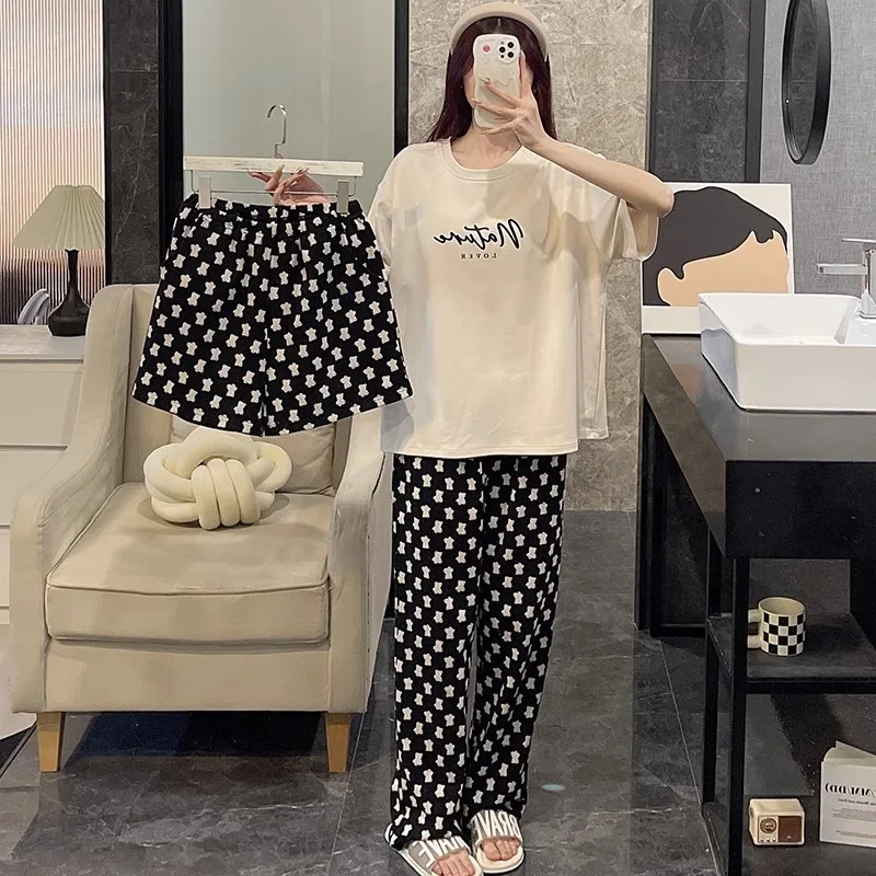 New Pajamas Homewear Three-Piece Suit Women\'s Summer Short-Sleeved Long Pants Simple Casual Large Size Pajamas Homewear