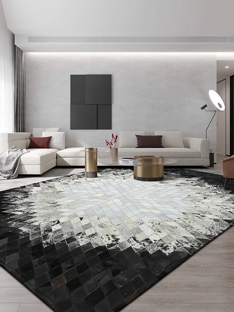 Modern Light Luxury Cowhide Carpet Black White Vintage Rug for Living Room Handmade Patchwork Real Cow Leather Sofa Table Mat