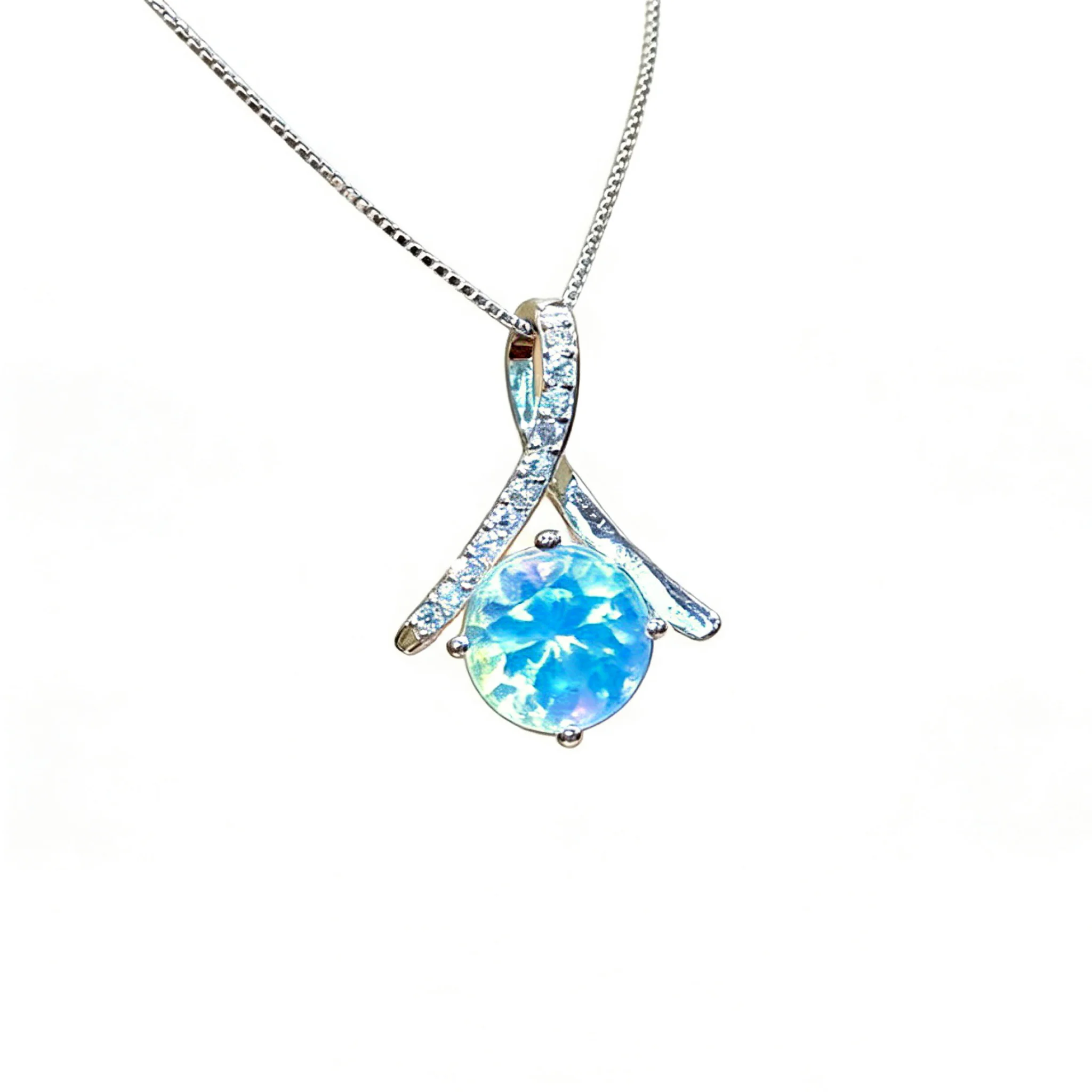 

Mexican Blue Amber Pendant in Sterling Silver Diamond Cut 5A Grade Bowknot with Center Stone Design Luxury Gift for Her