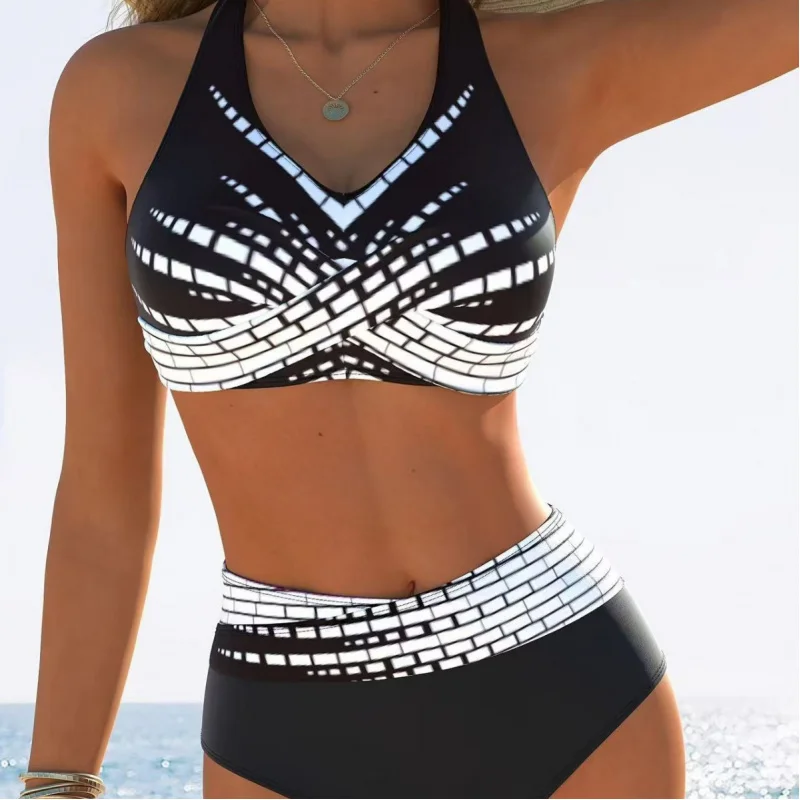 

Contrast color layering 2 Two-piece bikini、Halter neck high-neck swimsuit、Women's two-piece swimsuit