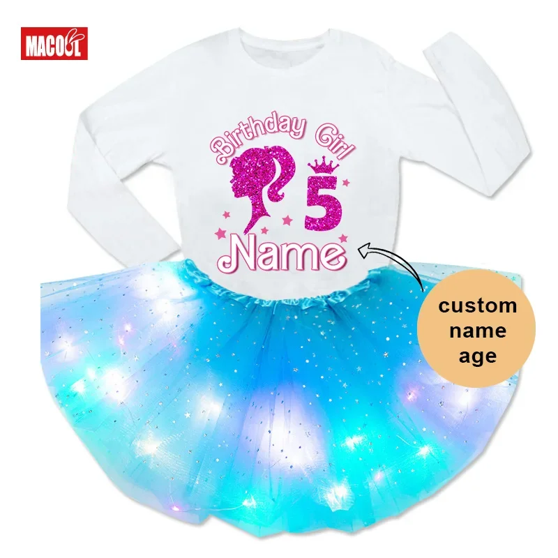 Girl Birthday Outfits Long Sleeve T Shirt Light Tutu Sets T Shirts Rainbow Dress Children Kids Clothing Girls Outfit Party Suit