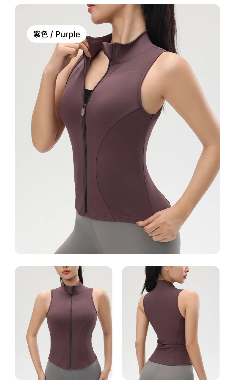 Ärmelloses, stoßdämpfendes Yoga-Oberteil für Damen mit Stehkragen, Reißverschluss und Kompressionseffekt, ohne Polsterung, Fitness- und Sport-T-Shirt für das Gym. – Detail 5