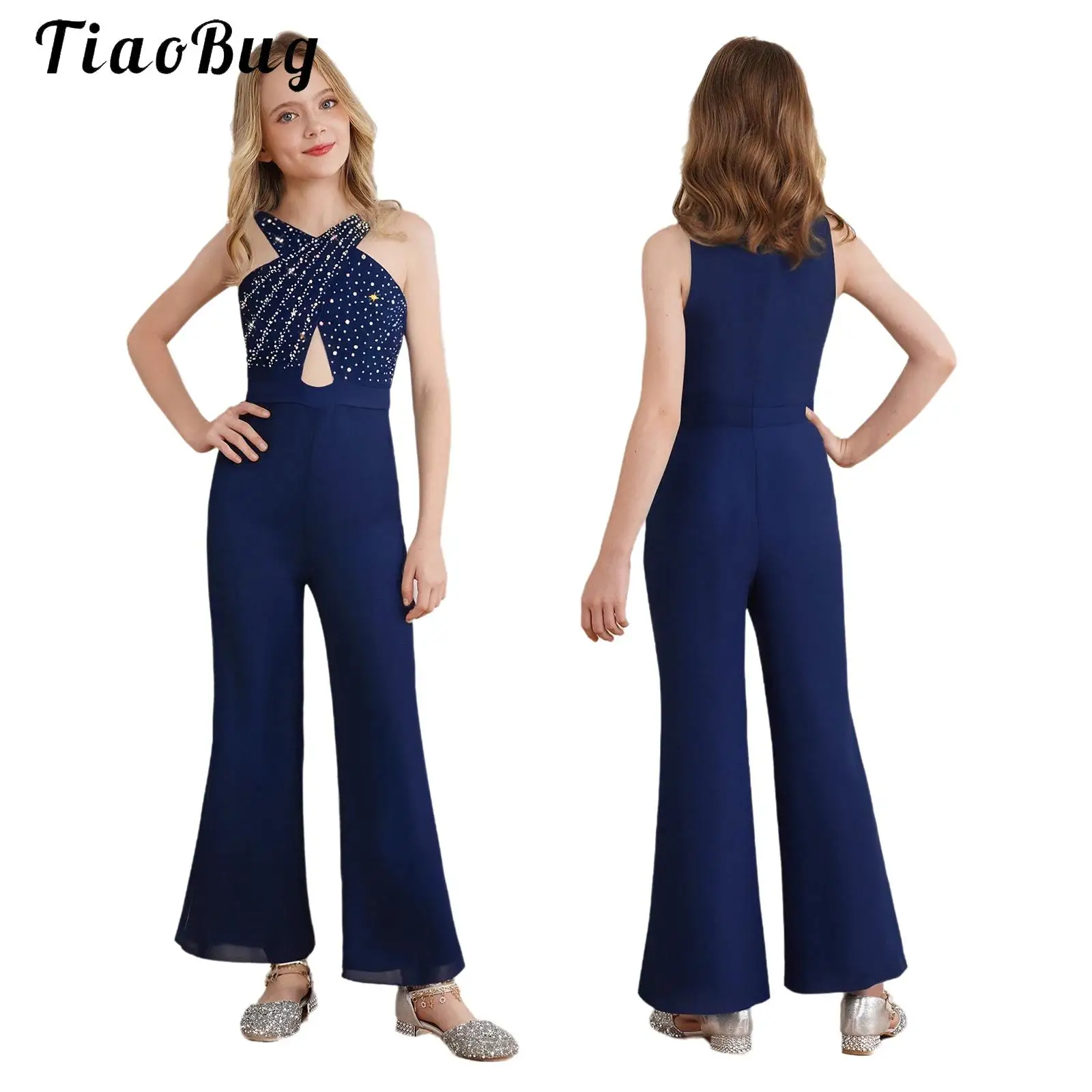 

Elegant Girls Party Clothes Kids Jumpsuit Shiny Rhinestones Crisscross Collar Party Romper for Wedding Birthday Banquet Costumes