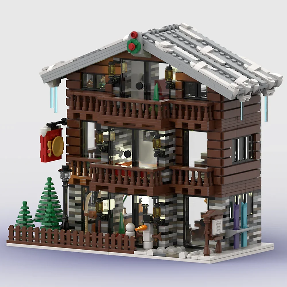 MOC Christmas winter Architecture Alpine Lodge Model Building Blocks Classic Winter Snowhouse diy Bricks Toy for kids Xmas Gift