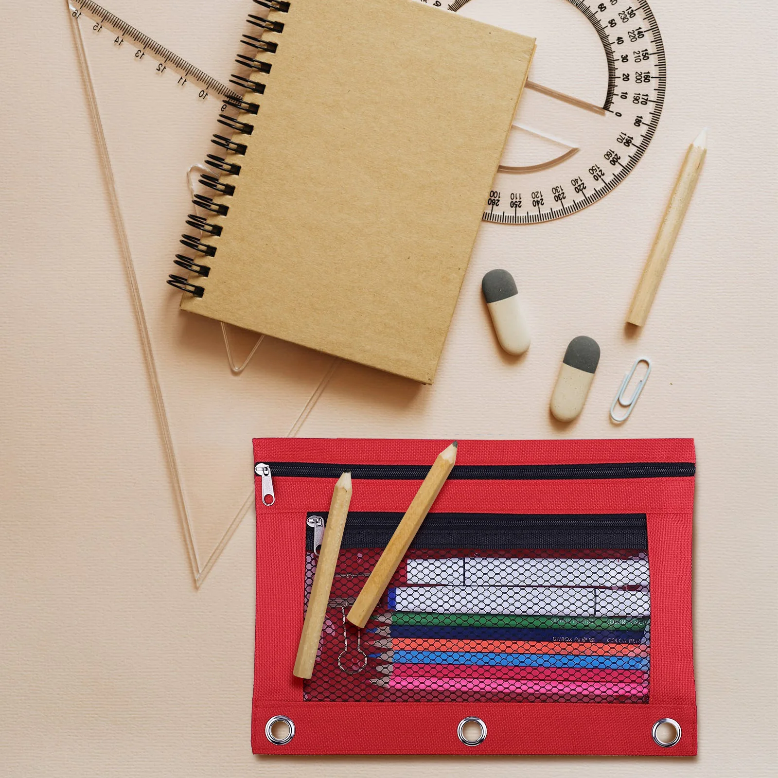 

2 Pcs 3 Rings Binder Pencil Case Zipper Mesh Design Large Capacity Stationery Bags Office Supplies Student Teacher Use