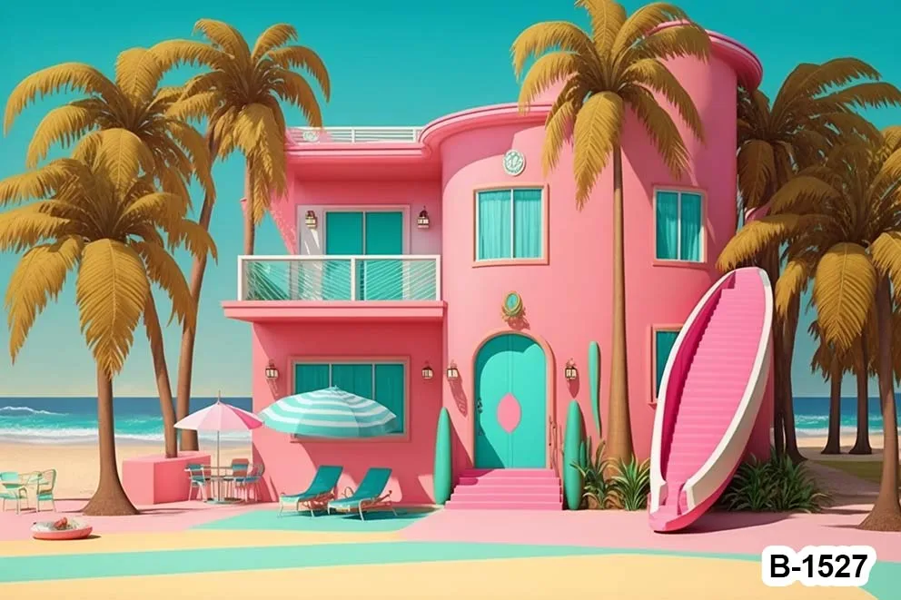 ฉากหลังวันหยุดชายทะเลปราสาทบ้านสีชมพูสำหรับเด็กเล็กเด็กผู้หญิงงานเลี้ยงวันเกิดพื้นหลังงานแต่งงานอุปกรณ์ภาพเหมือนเด็ก