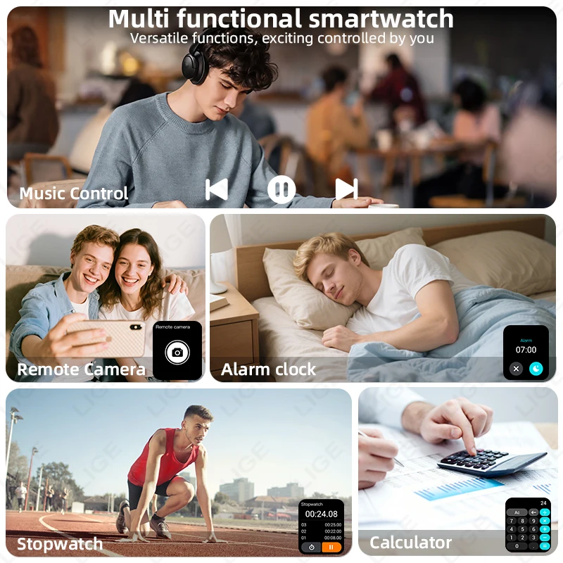 LIGE 2025 New 1000mAh Super Capacity Battery Men Smart Watch 2.04" HD Large Screen Bluetooth Call IP68 Smartwatch 100+ Sports