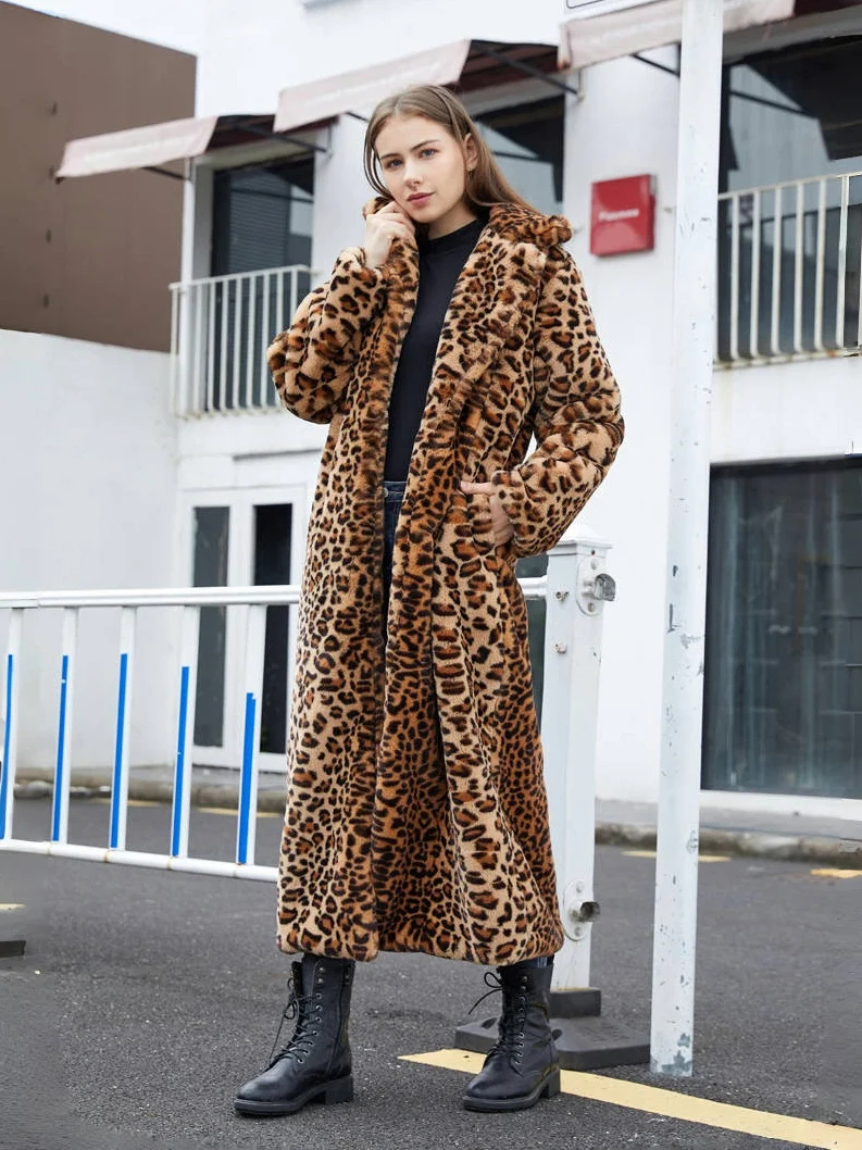 

Fashion Super Long Faux Rabbite Fur Woman Leopard Print Coat Lapel Thick Fluffy Faux Fur Jackets Woman Winter Clothes Outerwears