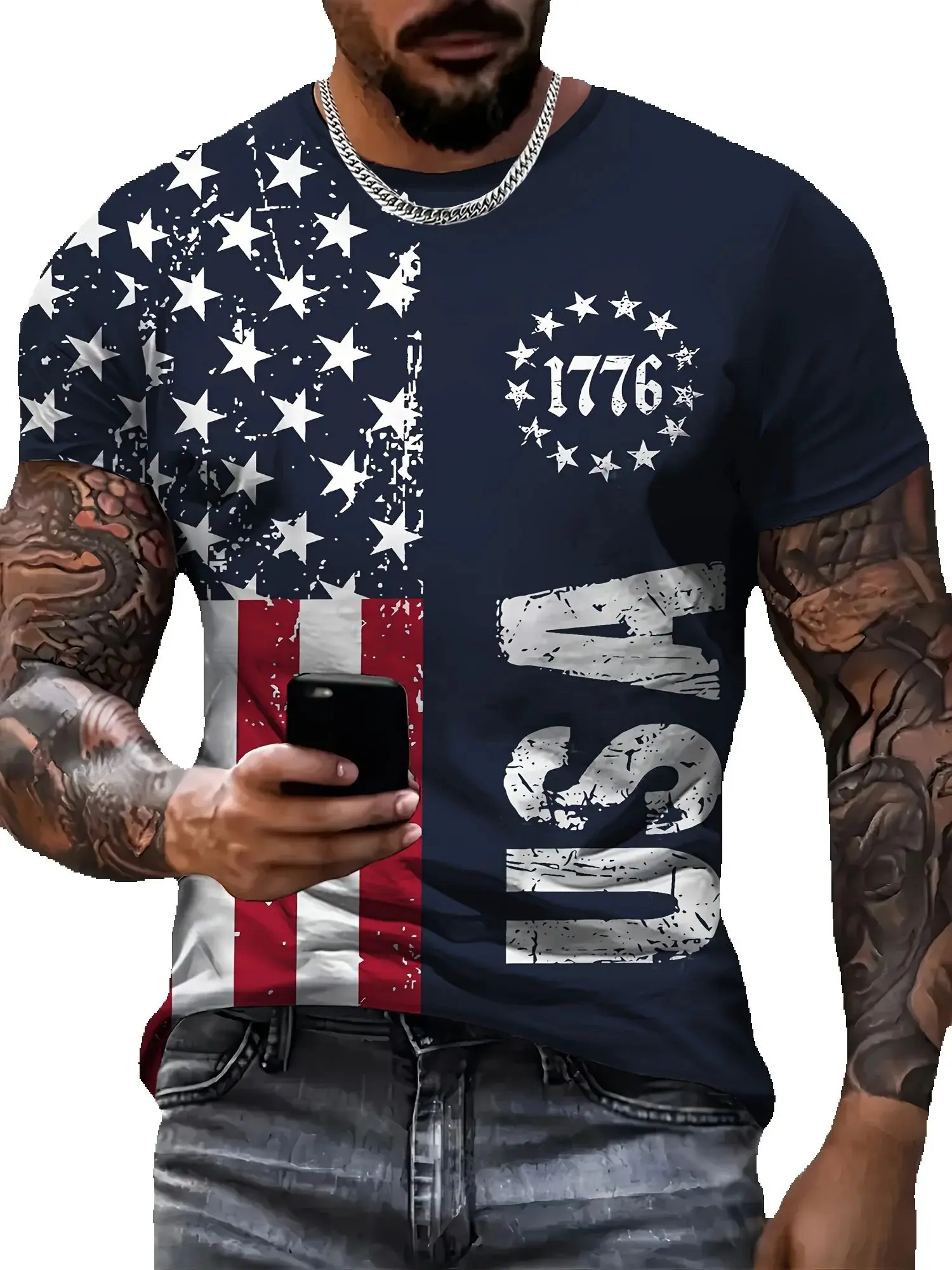 

1776 Print Tees Short Sleeve T Shirts Outdoor Oversized Men's Clothing Top VintageT-Shirt For Men American Flag Graphic T Shirts