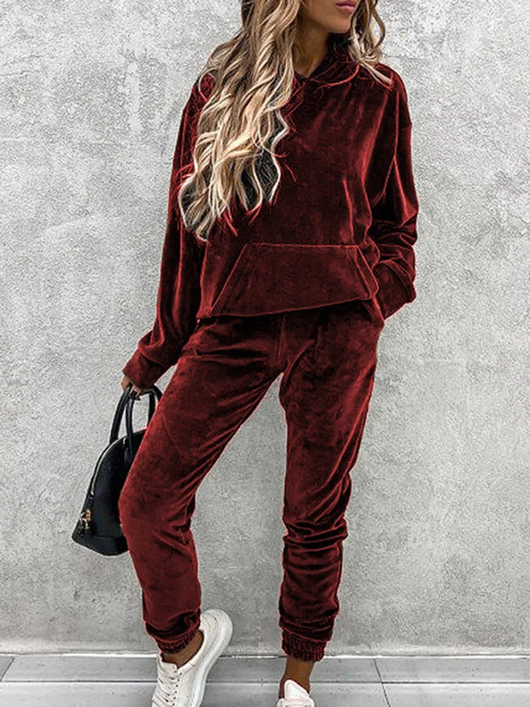 Autumn Winter Velvet Tracksuit Set Elegant Soft Pocket Pullover Top Female Loose Sweatsuit Pants Suit 2024 Two Piece Set Outfits