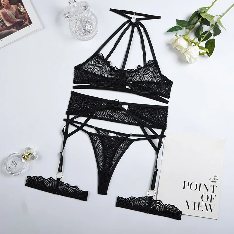 

Fashion Lace Eyelash Patchwork Halter Neck Lingerie Set Women Sexy Exotic Apparel Suit Female Perspective See Through Underwear