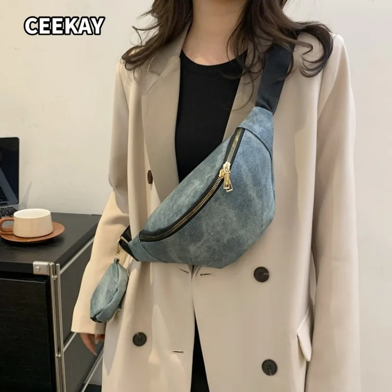 CEEKAY Women's Crossbody Bag Blue Washed Faux Suede Sling Shoulder Handbag with Mini Pouch Daily Casual Commute Sport Style