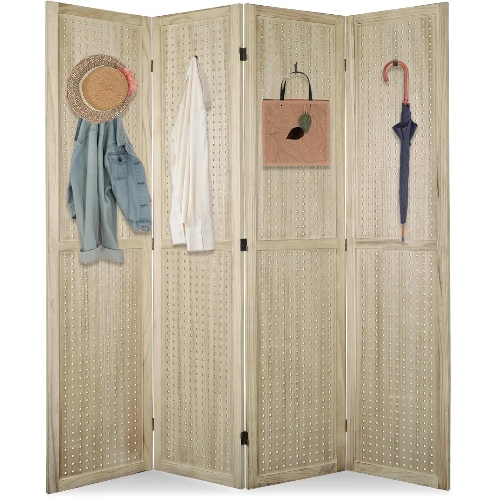 

4 Panel Room Divider, 5.6Ft Pegboard Display Wooden Room Divider Folding Privacy Screen Room Divider Freestanding Peg