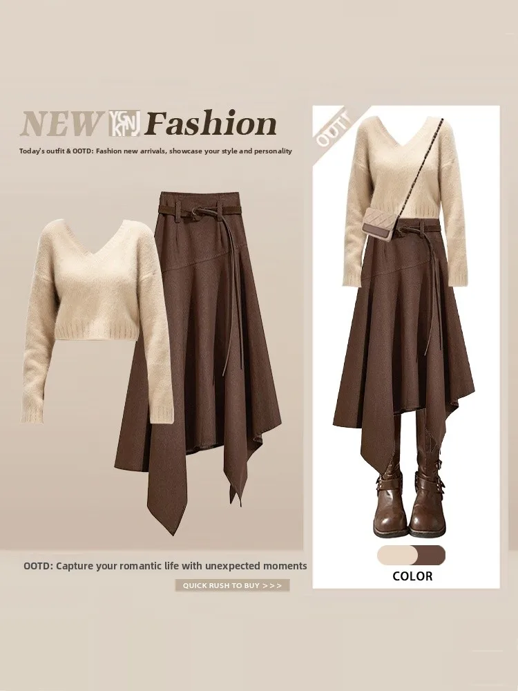 

Winter ort V-Ne Knitwear Women's Vintage Asymmetrical Skirt Two-Piece Set High Waist Long Sve French Sle Casual Faion