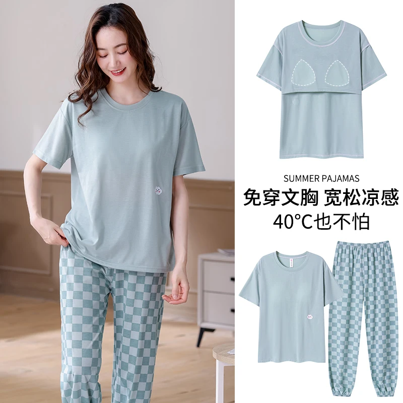 

Summer 100% Cotton Women Pajamas Set Short Sleeve Casual Pyjamas Girls With Chest Pad Homewear