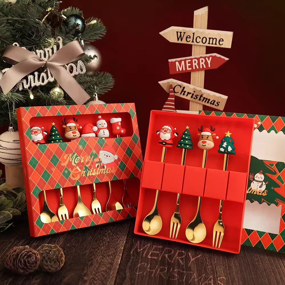 Leeseph Christmas Coffee Spoons Forks Set (4/6Pcs), Stainless Steel Spoon Forks Christmas Gifts for Kids(Red/Green Gift Box Set)