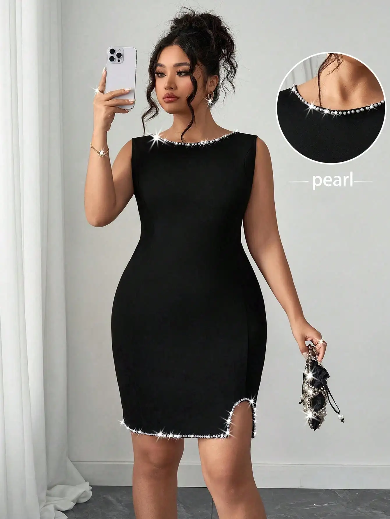 

Черное облегающее платье с жемчужной отделкой, мини-платье без рукавов для вечера или офиса