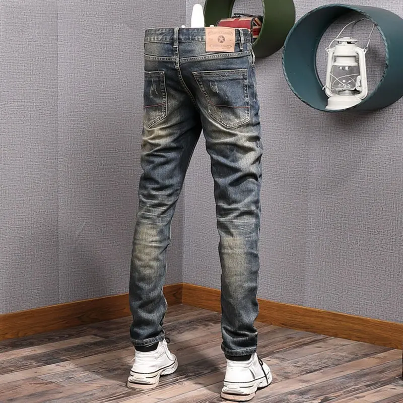 Newly Designer Fashion Men Jeans High Quality Retro Washed Blue Stretch Slim Fit Ripped Jeans Men Vintage Casual Denim Pants