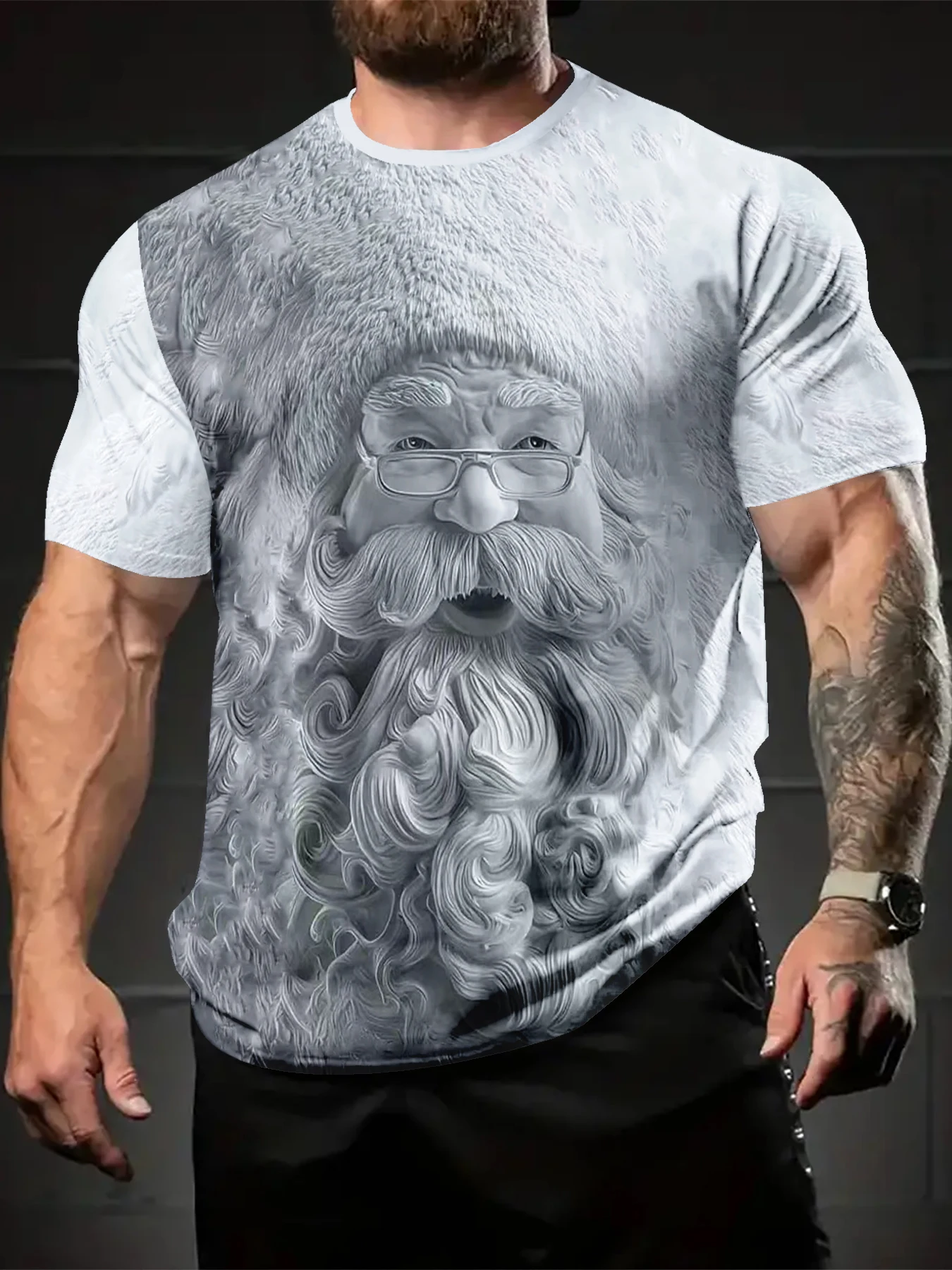 Men Crew Neck Tee With Full Print Monochrome Big Beard Santa Graphic