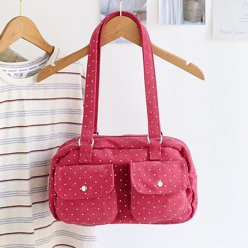 Schultertasche mit mehreren Taschen und Sternenmuster, gepunktet, für Damen, Canvas-Tragetasche, koreanische süße, niedliche, lässige Handtasche für Pendler und Reisen – Detail 20