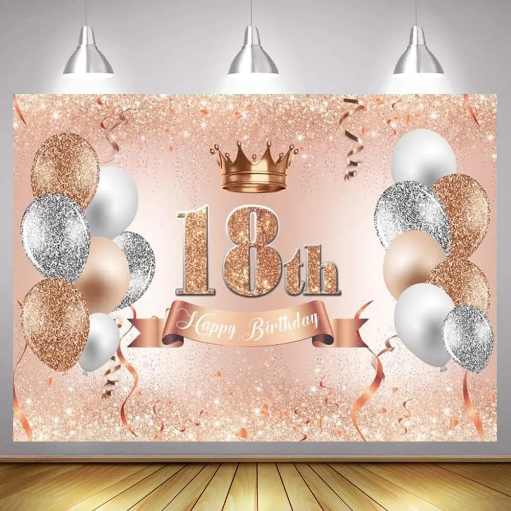 

Happy 18th Birthday Party Decoration Backdrop Banner Pink Rose Gold Sweet for Girls Women Eighteen Bday Photography Background