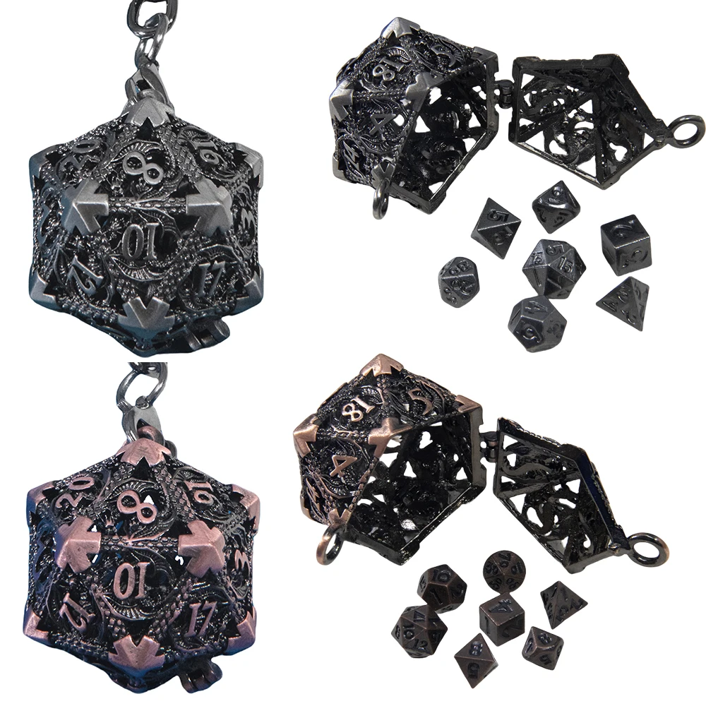 

7 шт. мини-металлические игральные кости с полым металлическим брелком D20, набор многогранных кубиков, аксессуары для настольных игр