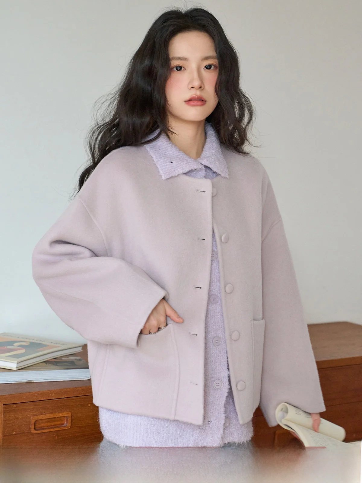 

Double-Sided Camere Woolen Coat Purple round Ne ort Women's Winter Faion Sensation Small Size Tweed Outerwear