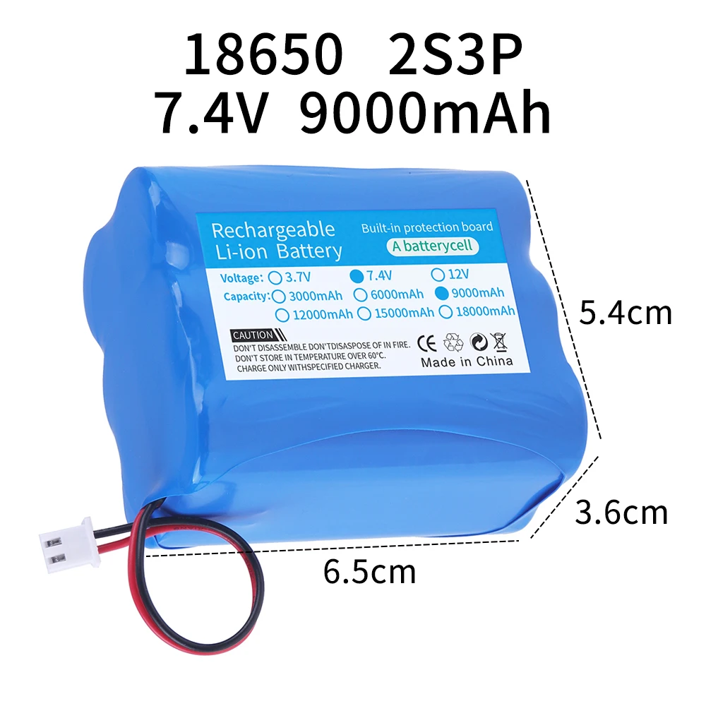 7.4V/8.4V 18650 bateria litowa 3000mAh 6000mAh 9000mAh XH2.54 2P wtyczka świecący głośnik LED rybackie 4.2V awaryjne baterie DIY