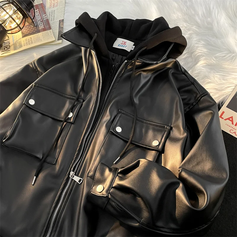 

Мужская свободная куртка-косуха из искусственной кожи, весенне-осенняя, в американском уличном стиле, однотонная, на молнии, повседневная