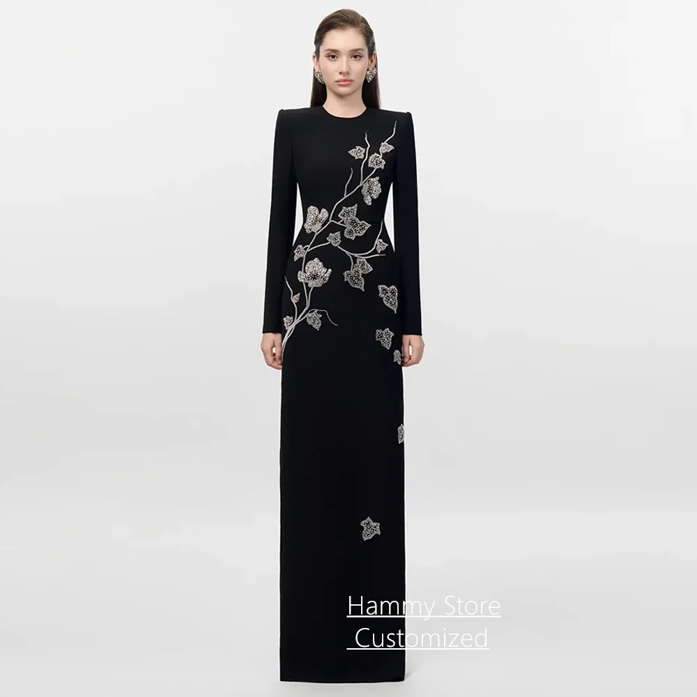 Bescheidenes arabisches Abendkleid, maßgeschneidert, lange Ärmel, runder Ausschnitt, mit Perlen besetzt, bodenlang, schwarzes Abendkleid, formelle Partykleider